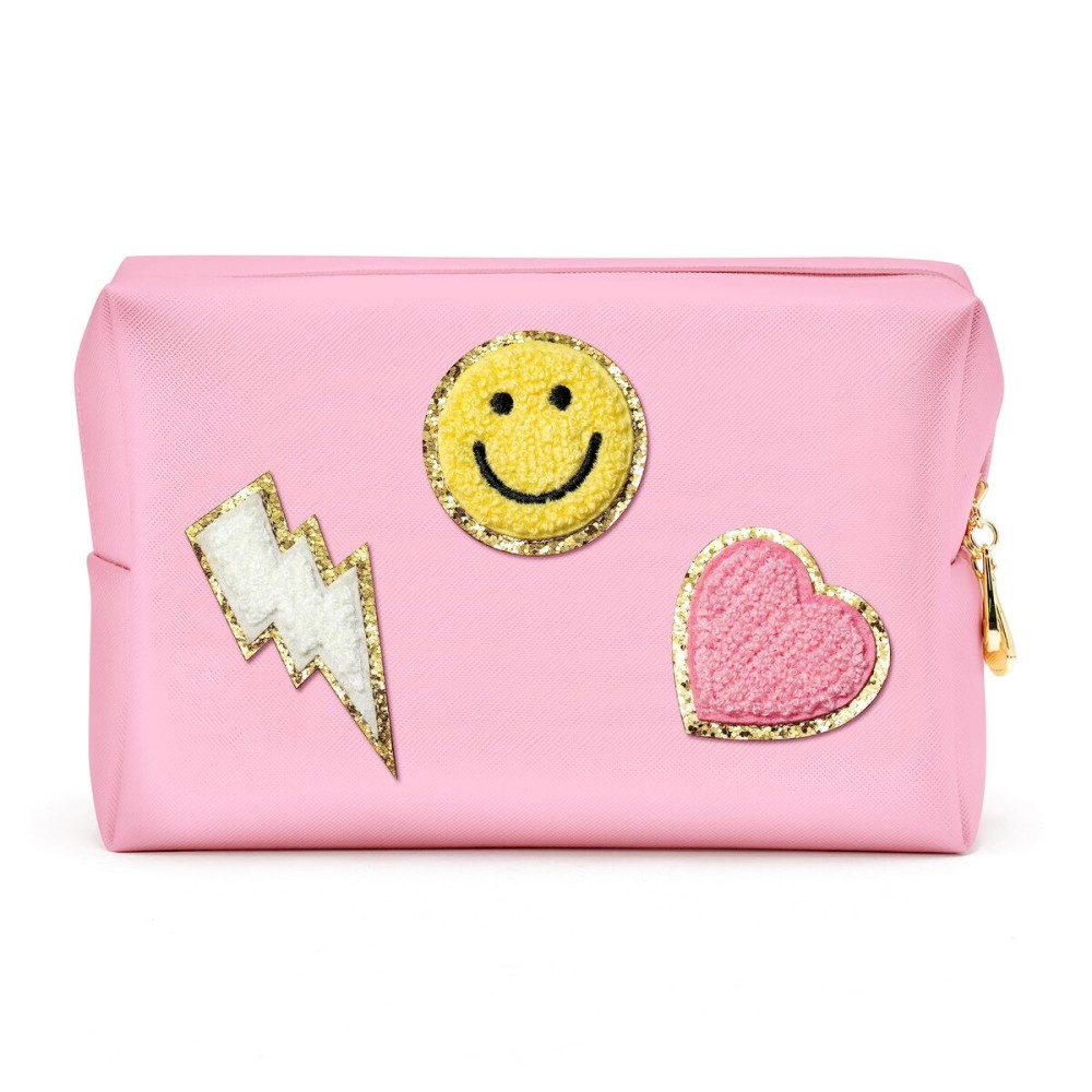 LieToi Preppy Patch Cosmetic Toiletry Bag, PU Leather Portable Waterproof Makeup Bag Smile Lightning Heart Organizer Compliant Bag Daily Travel Use Storage Purse for Women Girls (Large, Pink)