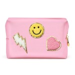 LieToi Preppy Patch Cosmetic Toiletry Bag, PU Leather Portable Waterproof Makeup Bag Smile Lightning Heart Organizer Compliant Bag Daily Travel Use Storage Purse for Women Girls (Large, Pink)