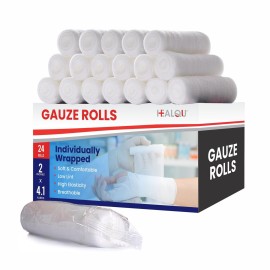 HEALQU Premium Gauze Rolls - 2\' x 4.1 Yards - 24 Rolls, Individually Wrapped Conforming Stretch Gauze Bandage - Super Soft Woven Stretch Bandages for Primary Wound Dressing Support