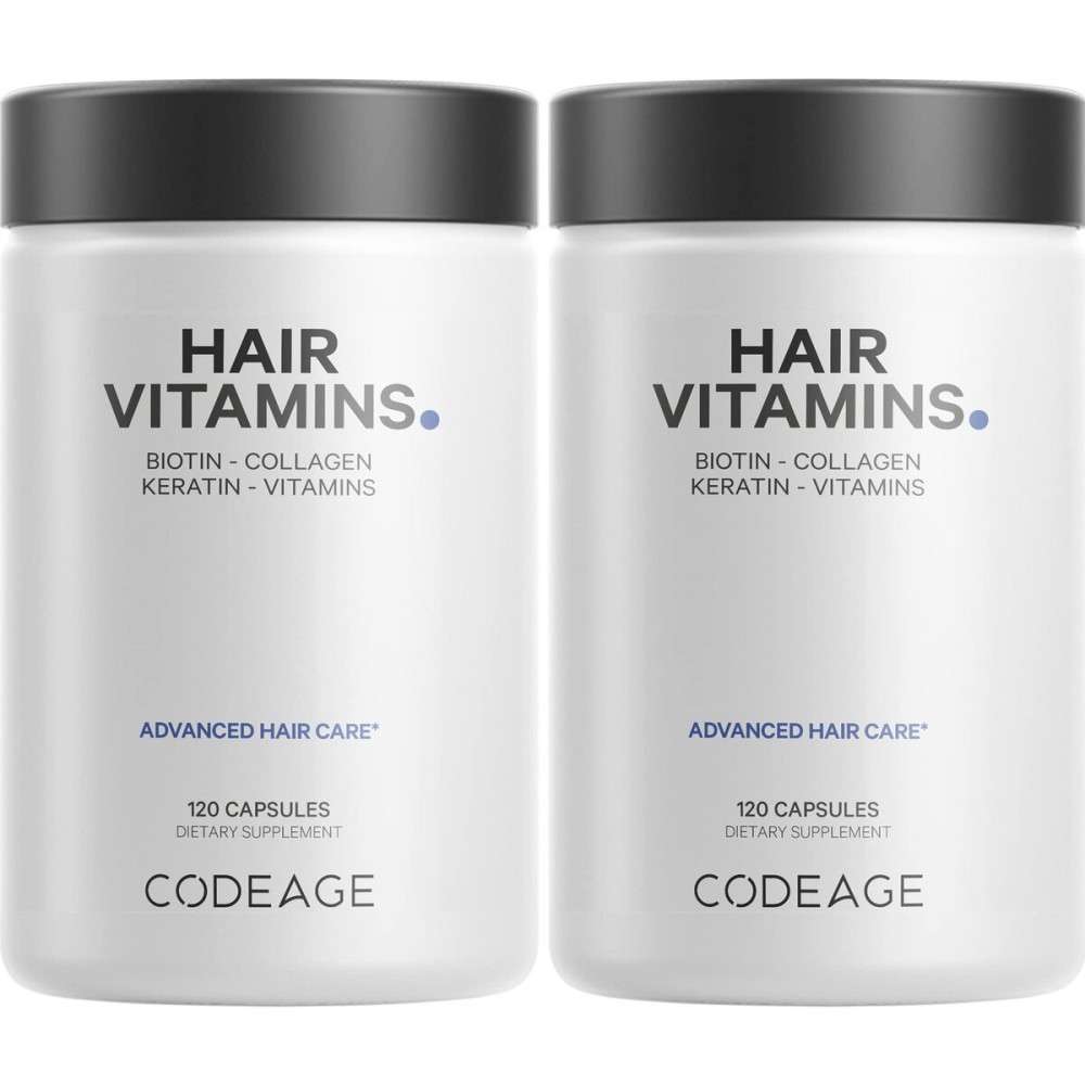 Codeage Hair Vitamins 10000 mcg Biotin, Keratin, Collagen, Vitamin A, B12, C, D3, E, Zinc, Turmeric, Probiotics, Enzymes, Inositol - Hair Care Support - Healthy Hair Supplement Pills - 2 Pack