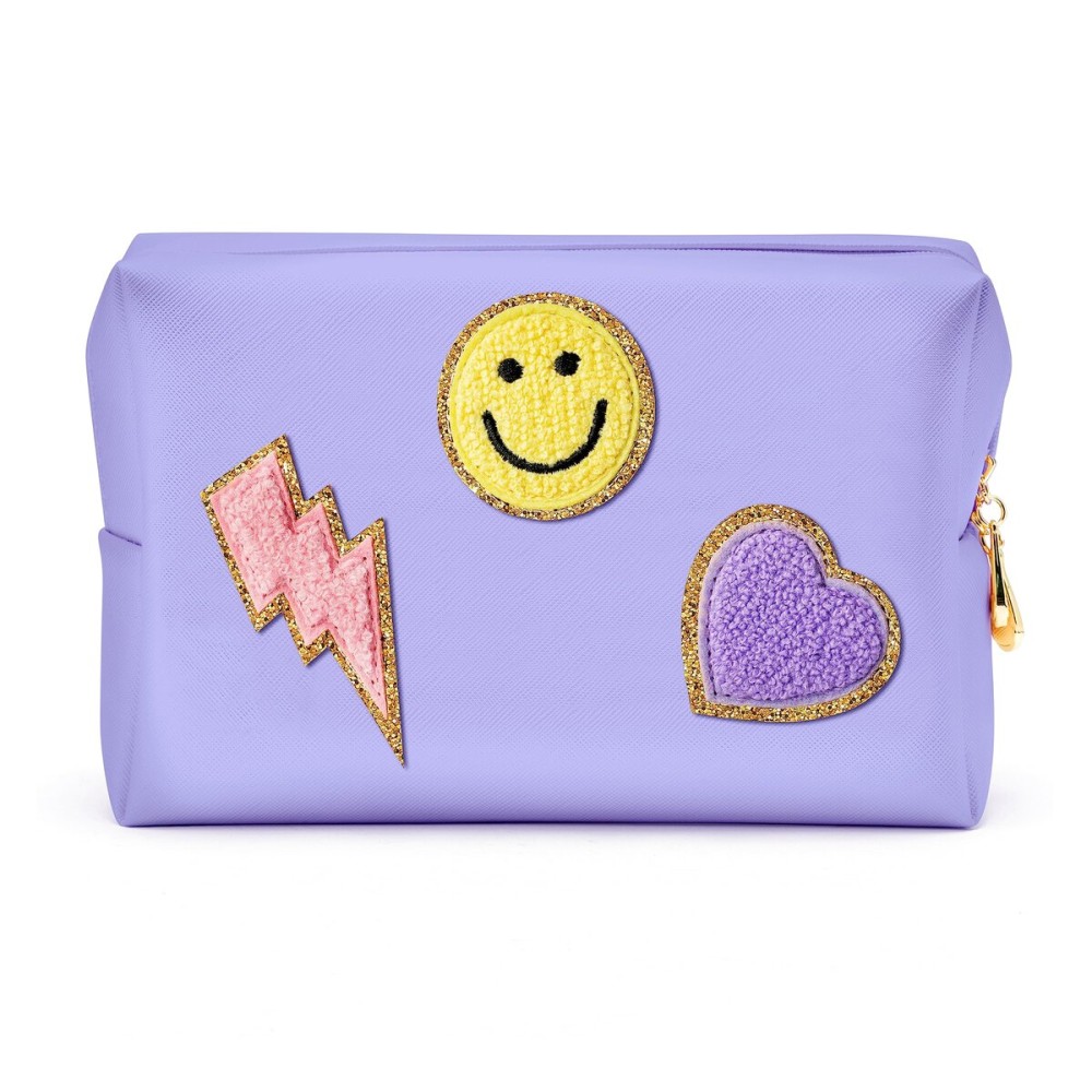 LieToi Preppy Patch Cosmetic Toiletry Bag, PU Leather Portable Waterproof Makeup Bag Smile Lightning Heart Organizer Compliant Bag Daily Travel Use Storage Purse for Women Girls (Large, Taro Purple)