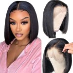 Qangelabeauty Short Bob Wig Human Hair 13x4 Frontal Bob Wigs Human Hair Pre Plucked wigs for Black Women Bob Lace Front Wigs 10 Inch 180% Density with Baby Hair Natural Color