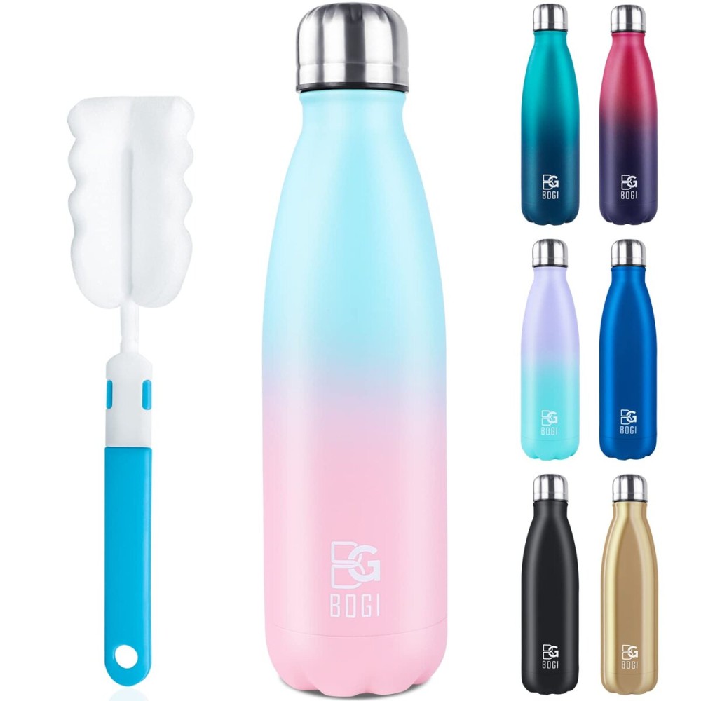 BOGI Insulated Water Bottle, 17oz Stainless Steel Water Bottles, Leak Proof Sports Metal Water Bottles Keep Cold for 24 Hours and Hot for 12 Hours BPA Free kids water bottle for School (SkyBlue Pink)