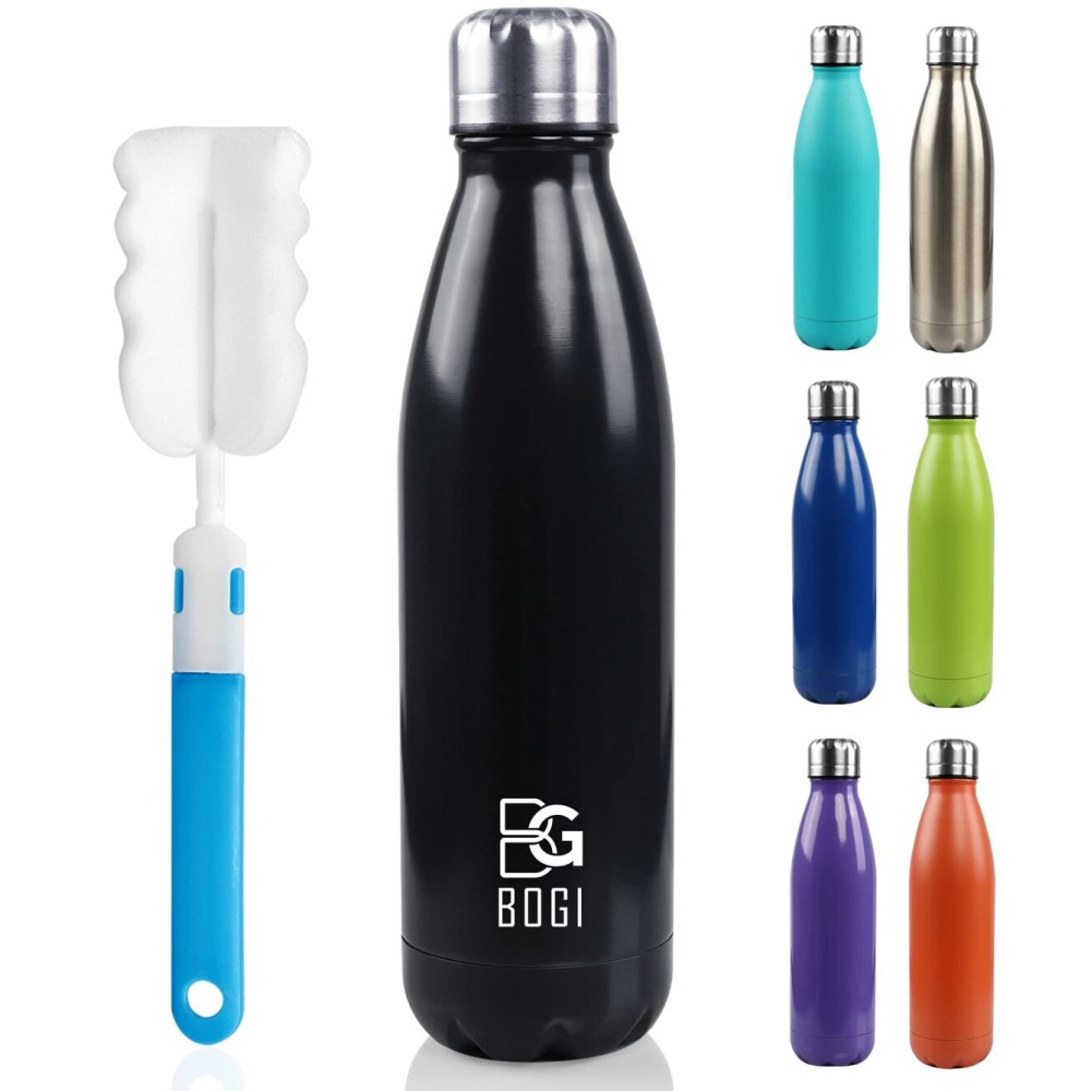 BOGI Insulated Water Bottle, 17oz Stainless Steel Water Bottles, Leak Proof Sports Metal Water Bottles Keep Drink Cold for 24 Hours and Hot for 12 Hours BPA Free kids water bottle for School (Black)