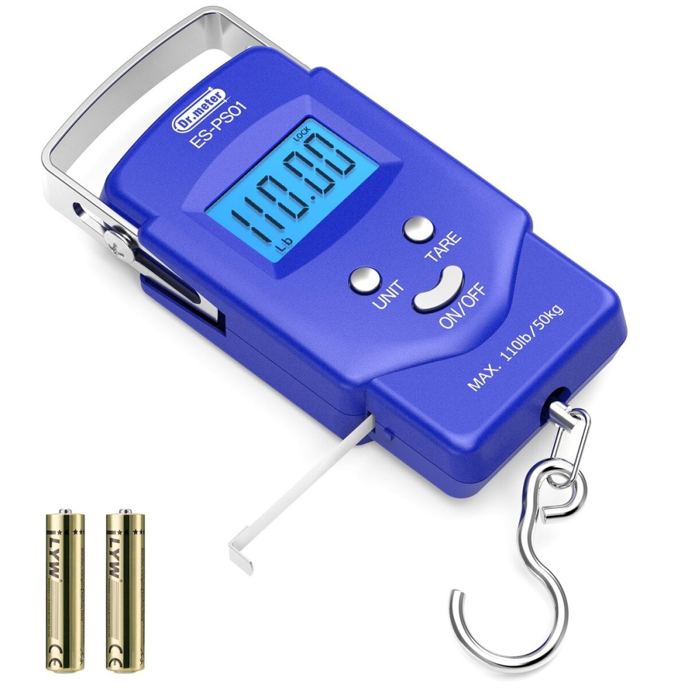 Dr.meter Fish scale, Backlit LCD Display 110lb/50kg PS01 Fishing Scale with Measuring Tape, Electronic Balance Digital Fishing Postal Hanging Hook Scale with 2 AAA Batteries-Fishing Gifts for Men,Blue