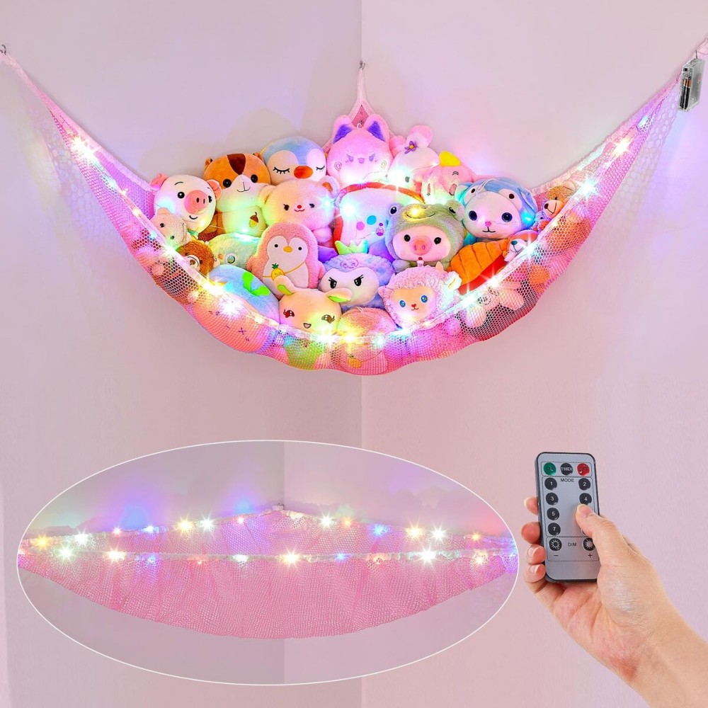 Basumee Stuffed Animals Net or Hammock with LED Light Hanging Toy Net Hammock for Stuffed Animals Storage Stuff Animals Hammocks for Nursery Kids Room with Remote Control, 8 Kinds of Lights(Pack of 1)