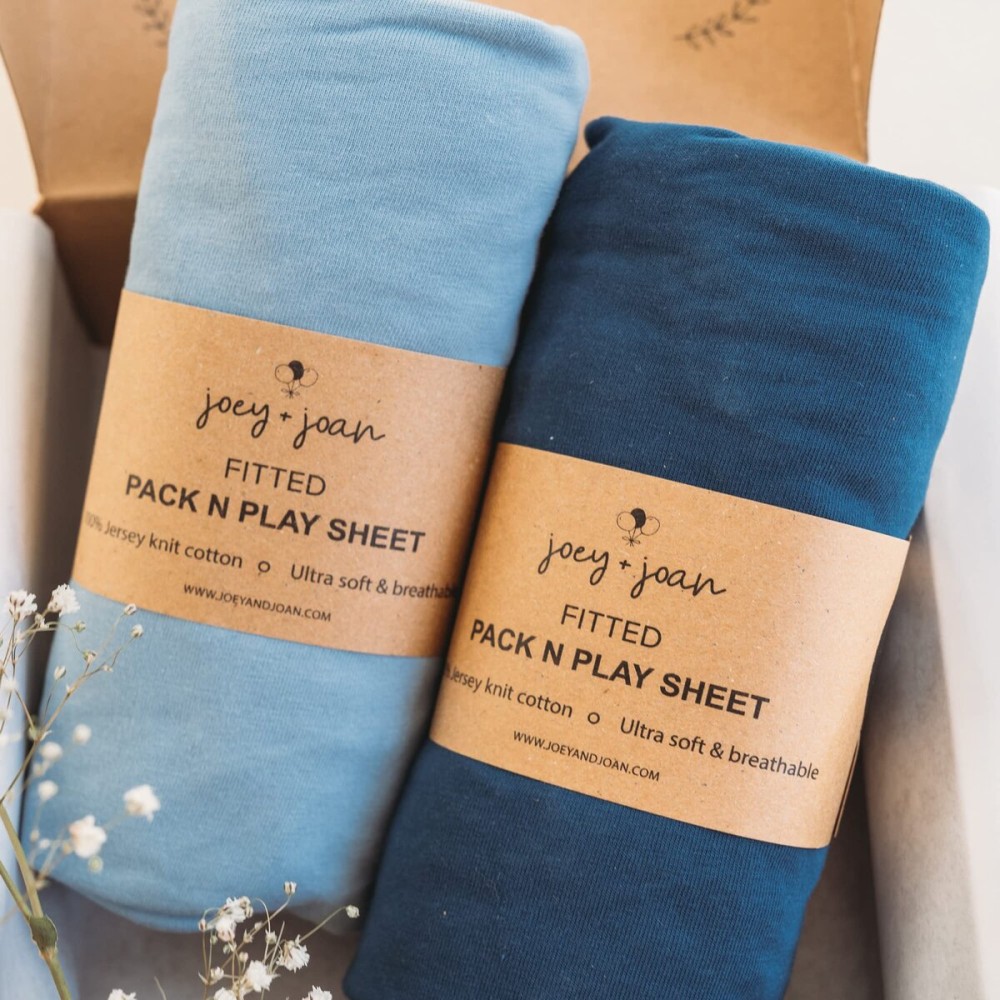 Pack and Play Sheets Fitted - Compatible with Graco Pack n Play Playard Crib and Other 27 x 39 Inch Playpen Mattress - Snuggly Soft 100% Jersey Cotton - Dusty Blue + Navy - 2 Pack