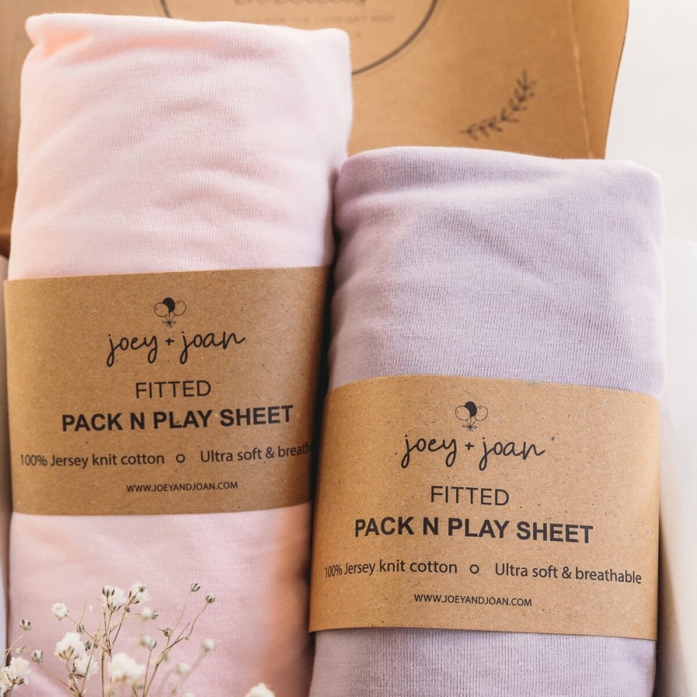 Pack and Play Sheets Fitted - Compatible with Graco Pack n Play Playard Crib and Other 27 x 39 Inch Playpen Mattress - Snuggly Soft 100% Jersey Cotton - Pale Pink + Lilac - 2 Pack