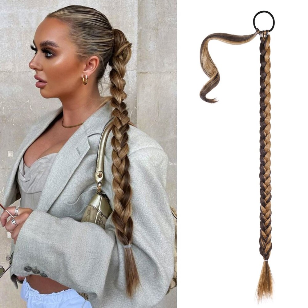 SEIKEA Long DIY Braided Ponytail Extension with Hair Tie Straight Wrap Around Hair Extensions Ponytail Natural Soft Synthetic Hairpiece Chocolate Brown with Blonde 30 Inch (After Braided 27 Inch)