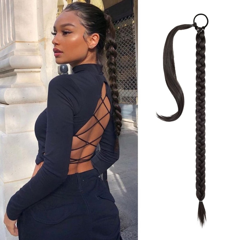 SEIKEA Long DIY Braided Ponytail Extension with Hair Tie Straight Wrap Around Hair Extensions Ponytail Natural Soft Synthetic Hair Piece Daily Wear Black Brown 16 Inch (After Braided 12 Inch)