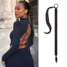 SEIKEA Long DIY Braided Ponytail Extension with Hair Tie Straight Wrap Around Hair Extensions Ponytail Natural Soft Synthetic Hair Piece Daily Wear Black Brown 16 Inch (After Braided 12 Inch)