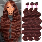 UNICE Reddish Brown Body Wave Human Hair Weave 3 Bundles 14 14 14 inch, Brazilian Remy Hair Auburn Brown Copper Red Human Hair Wavy Weaves for Sew in Extensions 33B Color
