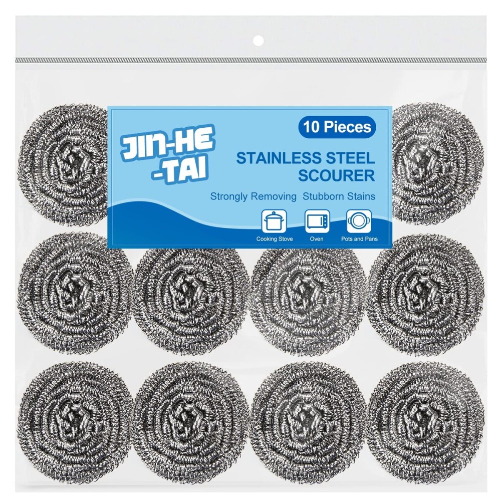 10 Pack Stainless Steel Scrubber, Steel Wool Srubber for Scouring Stubborn Messes from Pots and Pans, Stoves,Broiler Racks,Grills and More