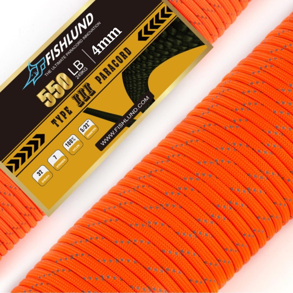 FISHLUND Reflective Paracord 550 lb, 7 Strand Paracord Rope 50ft 4mm, Nylon Parachute Cord for Camping, Neon Orange