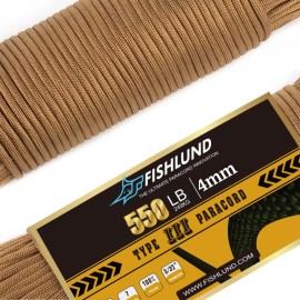 FISHLUND Paracord 550 lb, 7 Strand Paracord Rope 50ft 4mm, Nylon Parachute Cord for Camping, Coyote