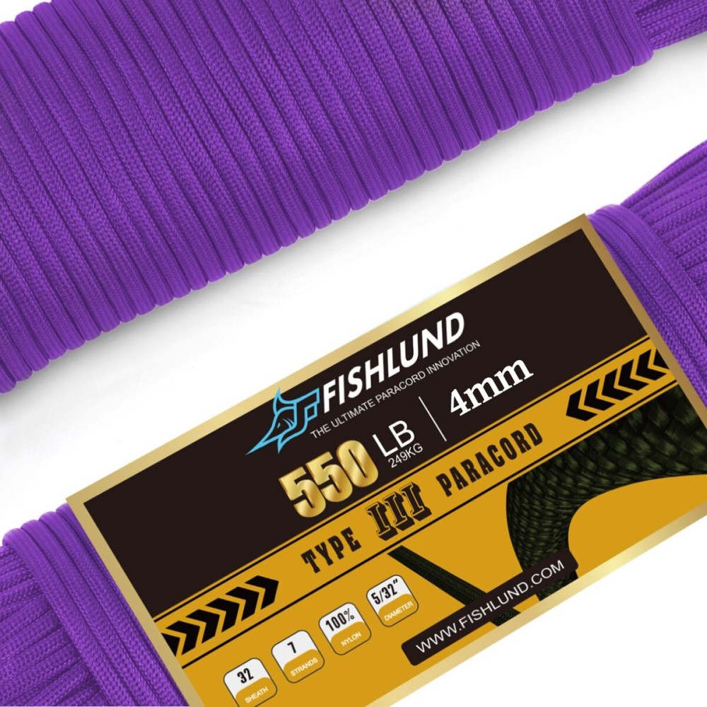 FISHLUND Paracord 550 lb, 7 Strand Paracord Rope 50ft 4mm, Nylon Parachute Cord for Camping, Purple