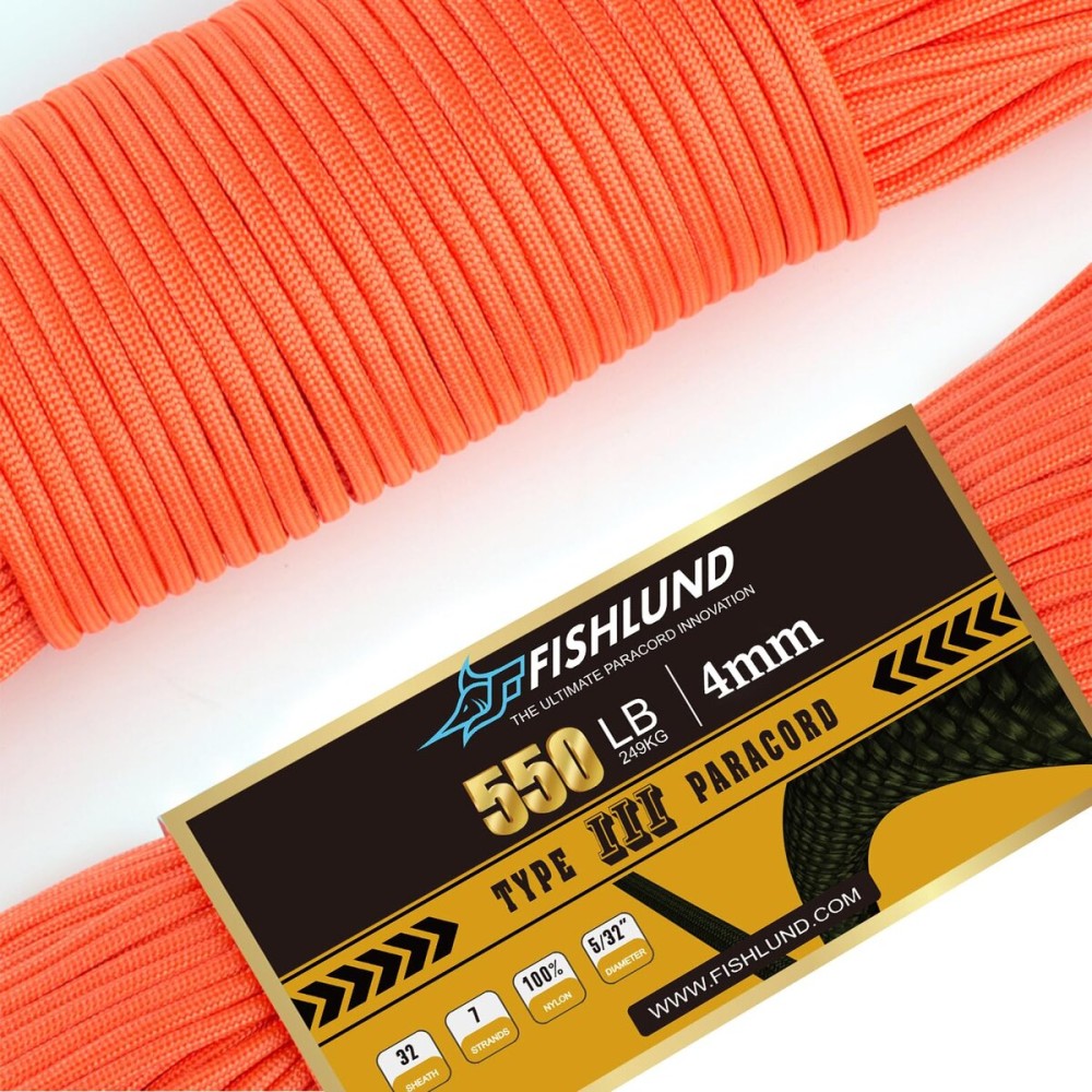 FISHLUND Paracord 550 lb, 7 Strand Paracord Rope 50ft 4mm, Nylon Parachute Cord for Camping, Neon Orange