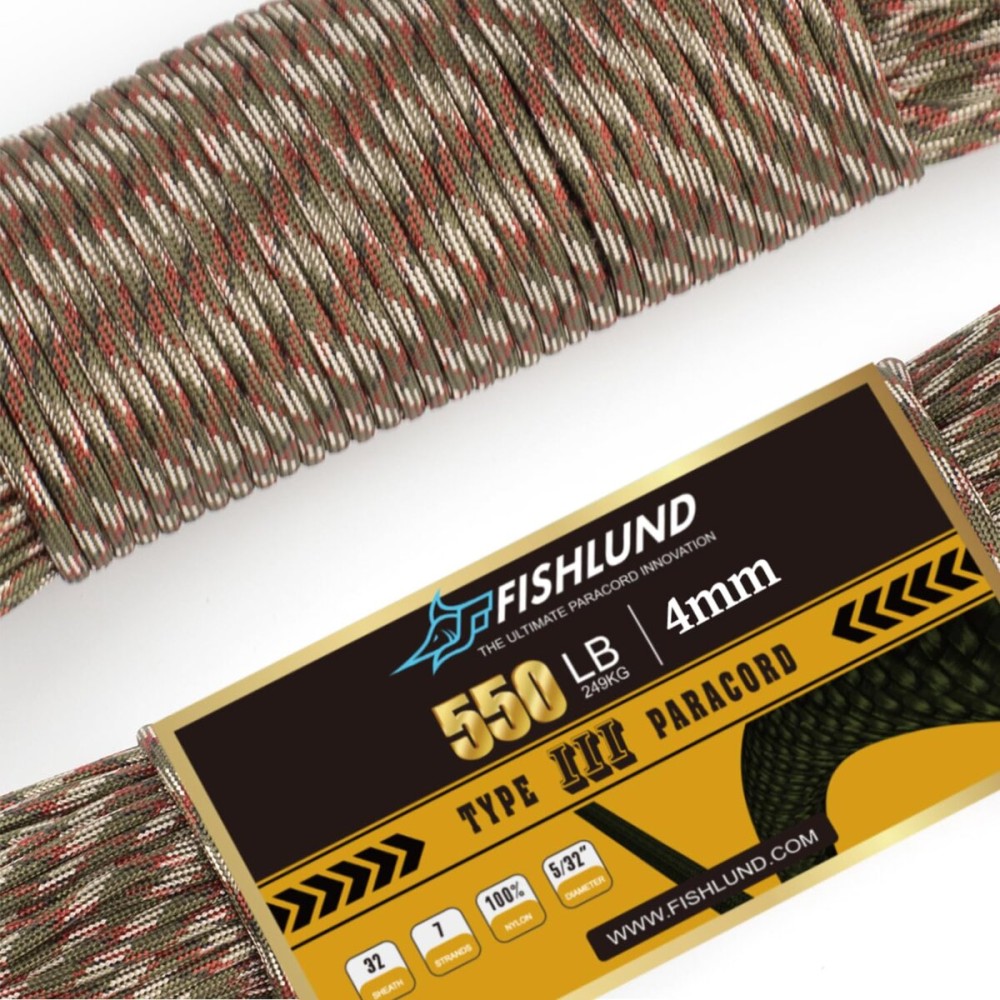 FISHLUND Paracord 550 lb, 7 Strand Paracord Rope 50ft 4mm, Nylon Parachute Cord for Camping, Forest Camo