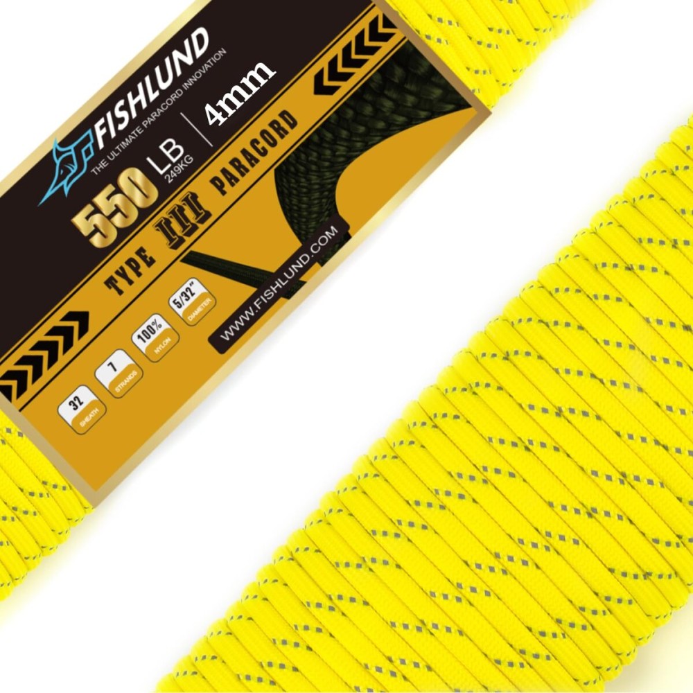 FISHLUND Reflective Paracord 550 lb, 7 Strand Paracord Rope 50ft 4mm, Nylon Parachute Cord for Camping, Neon Yellow