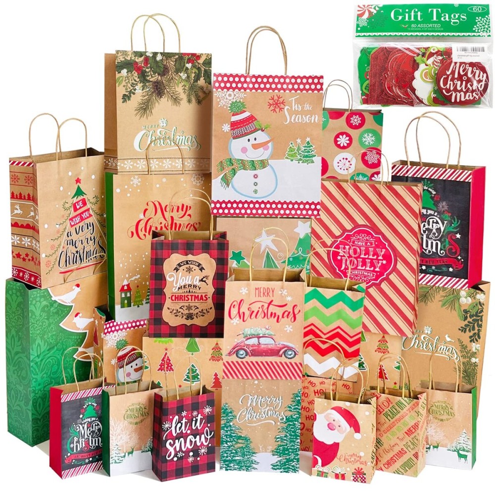 Party Funny 24 Christmas Gift Paper Bags Bulk with handles and 60 Count Christmas Gift Tags-Assorted sizes set for Wrapping Xmas Holiday Presents(6 Jumbo,6 Large,6 Medium,6 Small)