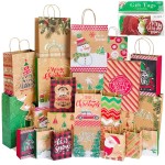 Party Funny 24 Christmas Gift Paper Bags Bulk with handles and 60 Count Christmas Gift Tags-Assorted sizes set for Wrapping Xmas Holiday Presents(6 Jumbo,6 Large,6 Medium,6 Small)