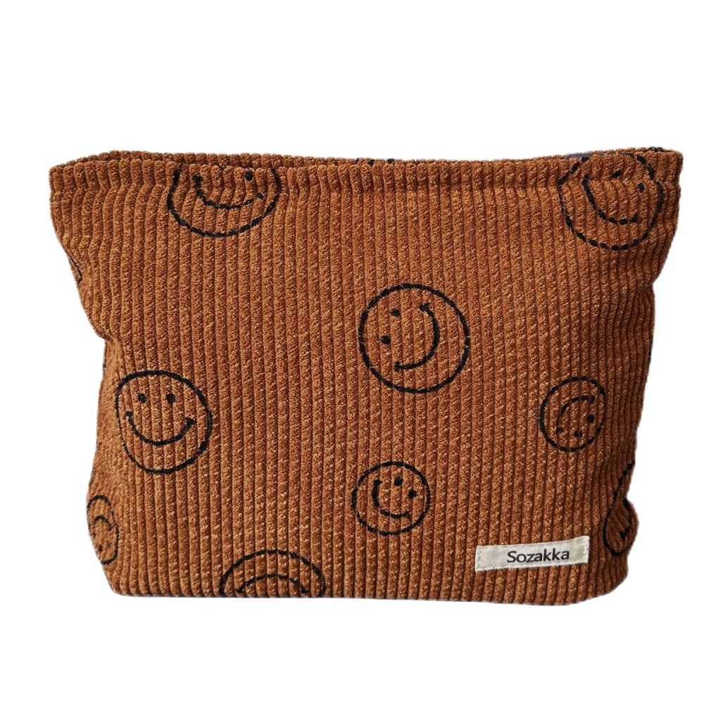 Cosmetic Bags for Women - Corduroy Cosmetic Bag Aesthetic Women Handbags Purses Smile Dots Makeup Organizer Storage Makeup Bag Girls Case Bags (A-Brown)