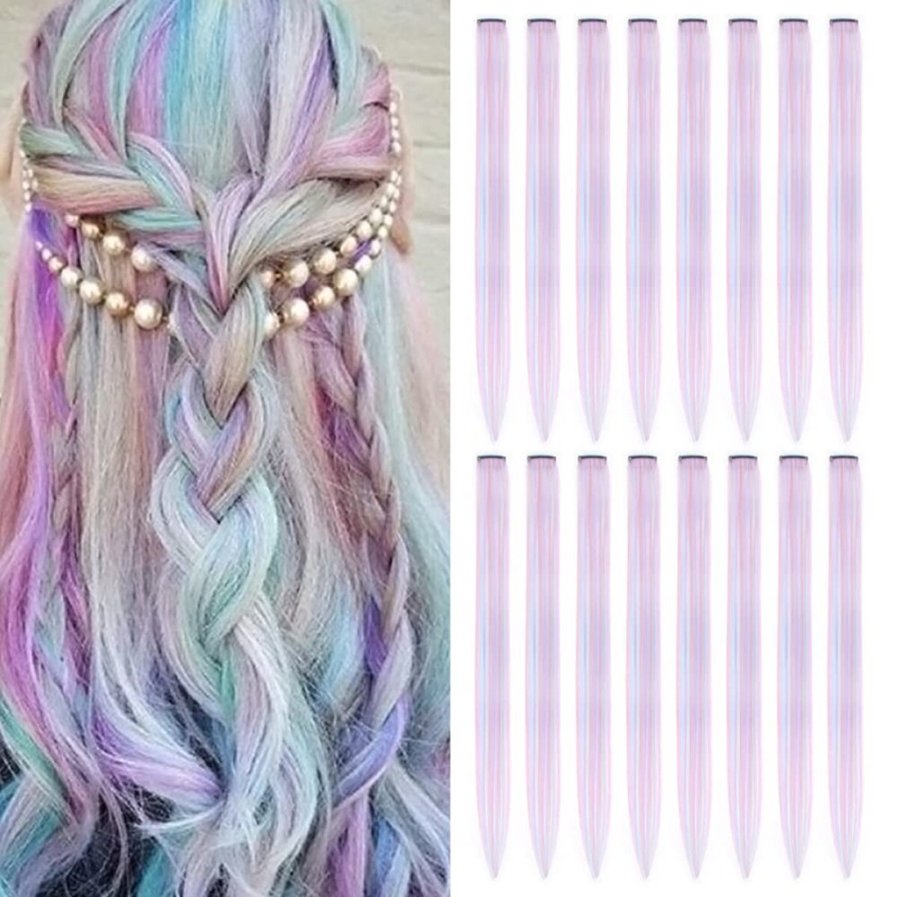 KGBFASS Colored Clip in Hair Extensions Long Straight Colorful Hair Pieces Synthetic Rainbow Hairpieces for Kids (16pcs)