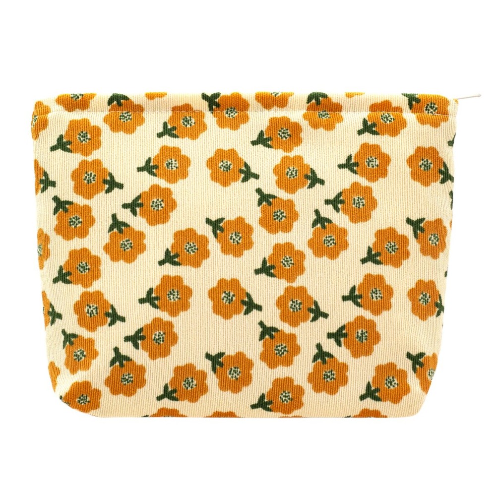 PAZIMIIK Makeup Bag Large Zipper Corduroy Make Up Pouch for Purse Travel Canvas Cosmetic Organizer for Women Brush Storage,Flower Yellow