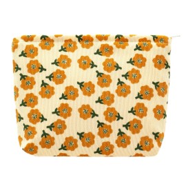 PAZIMIIK Makeup Bag Large Zipper Corduroy Make Up Pouch for Purse Travel Canvas Cosmetic Organizer for Women Brush Storage,Flower Yellow