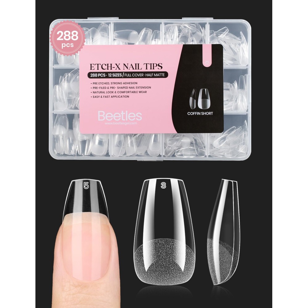 Beetles Gel Nail Tips Short Coffin Pre-Etched Nail Tips, 12 Sizes 288 Pcs Full Cover Soft Tips Half Matte False Nails Clear Acrylic Press on Nails Extension DIY Manicure Gifts for Women
