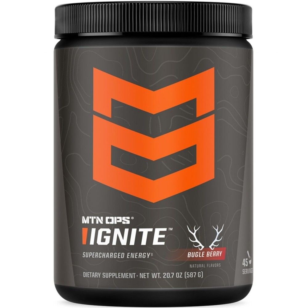 MTN OPS Ignite Energy Drink Powder, Gluten Free Nootropic Supplement Drink Mix, L Arginine, L Citrulline, Caffeine & Nootropic Sugar Free Drink Mix, 45 Servings, Bugle Berry