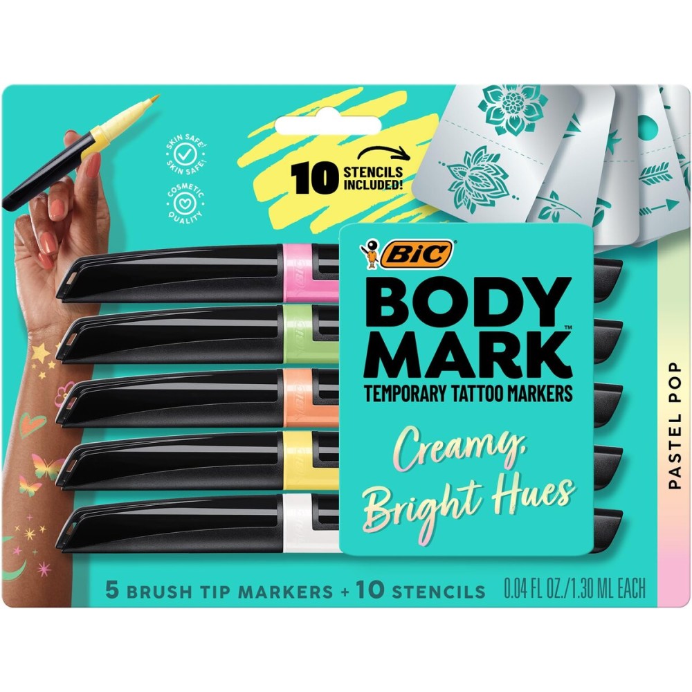 BODYMARK BIC Body Art Markers, Pastel Pop, Flexible Brush Tip, 5-Count Pack of Assorted Colors, Skin-Safe*, Cosmetic Quality