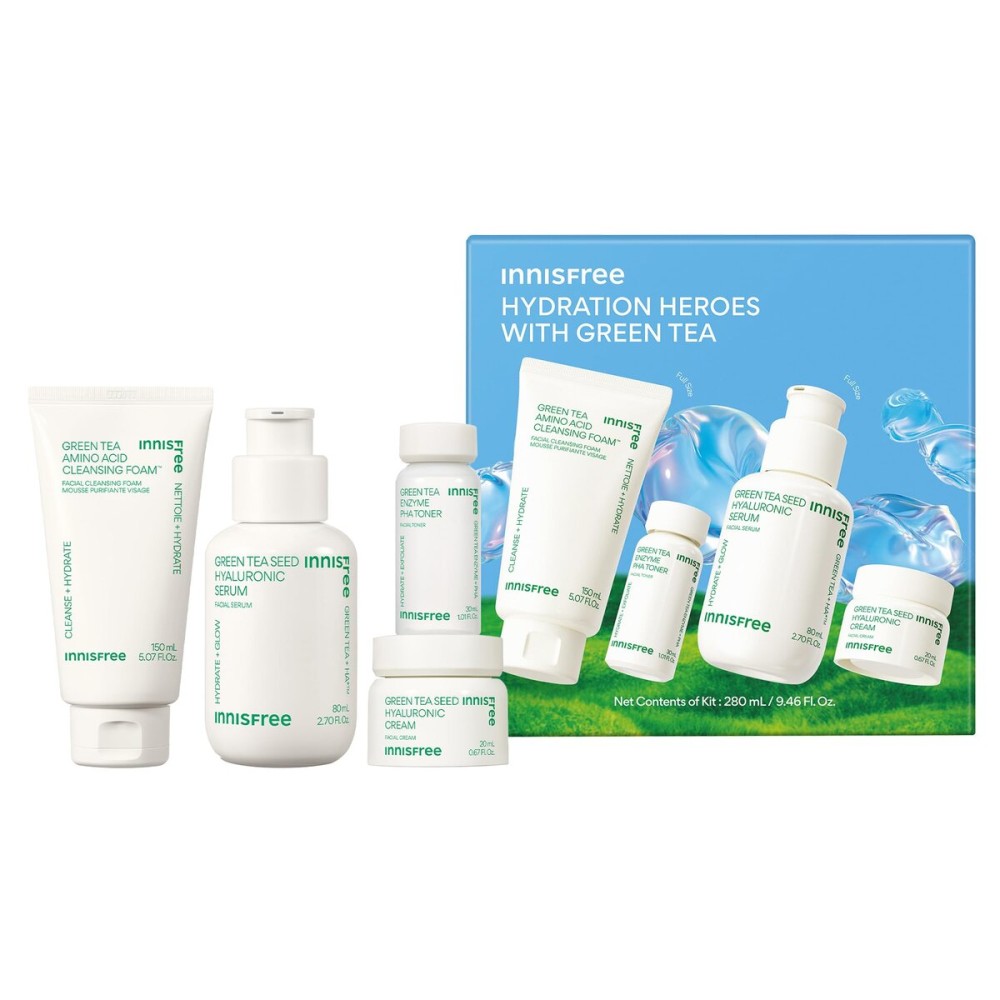 innisfree Hydration Heroes Set with Green Tea, Korean Skincare Kit Featuring Moisturizing Serum, Toner, Cleanser & Cream