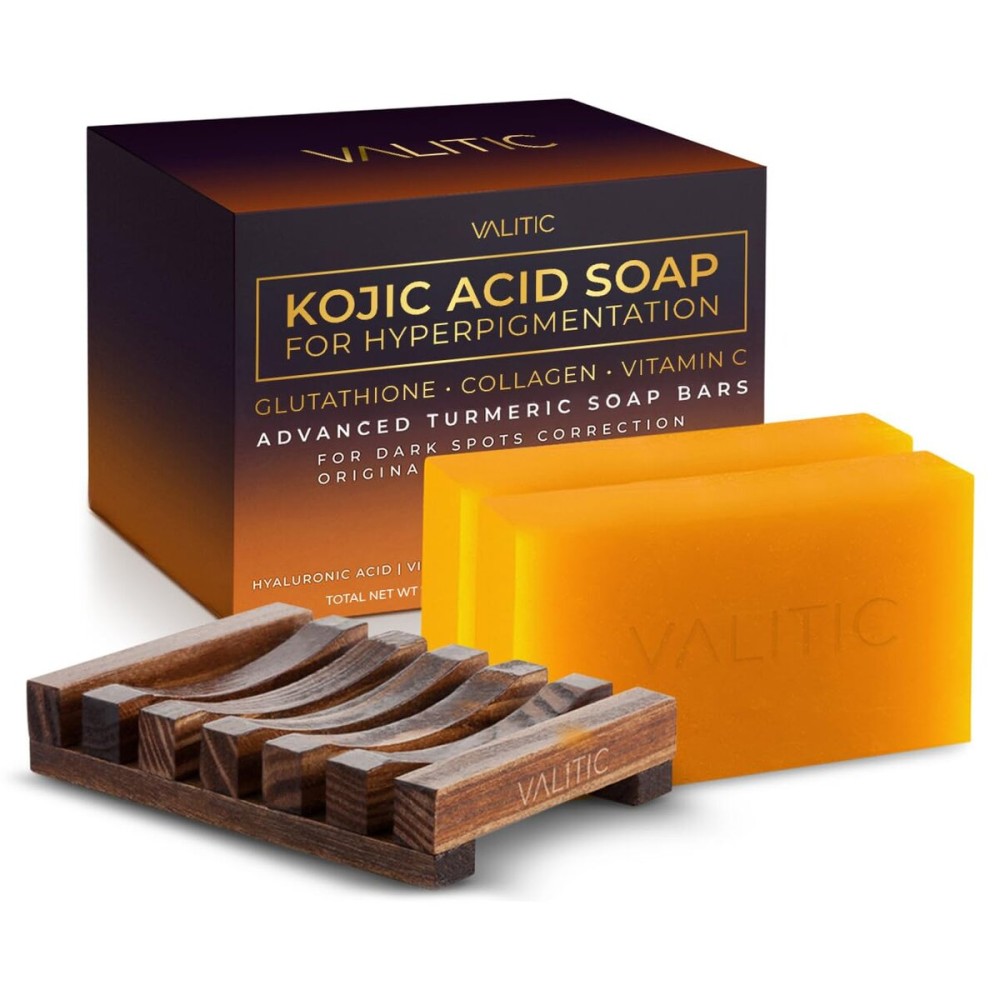 VALITIC Kojic Acid Soap for Hyperpigmentation - with Glutathione, Collagen & Vitamin C - Natural Soap Bars with Turmeric - Original Japanese Complex for Dark Spot Correction - 2 Pack + Holder