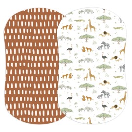 Baby Bassinet Sheets for Boy, Girl (Safari Adventures) 2-Pack - Fitted Bedside Bassinet Sheets - Buttery Soft Cotton Blend for Standard Mattress Pad - Compatible with Halo BassiNest