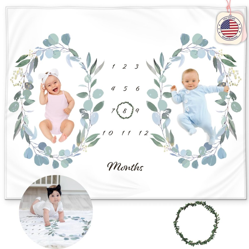 Twins Monthly Milestone Blanket - Soft Fleece Eucalyptus Leaves Design - Gender Neutral for Boys or Girls, Baby Shower Nursery Decor, Twin Essentials, 50x40