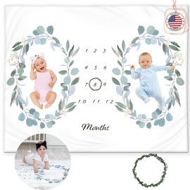 Twins Monthly Milestone Blanket - Soft Fleece Eucalyptus Leaves Design - Gender Neutral for Boys or Girls, Baby Shower Nursery Decor, Twin Essentials, 50x40