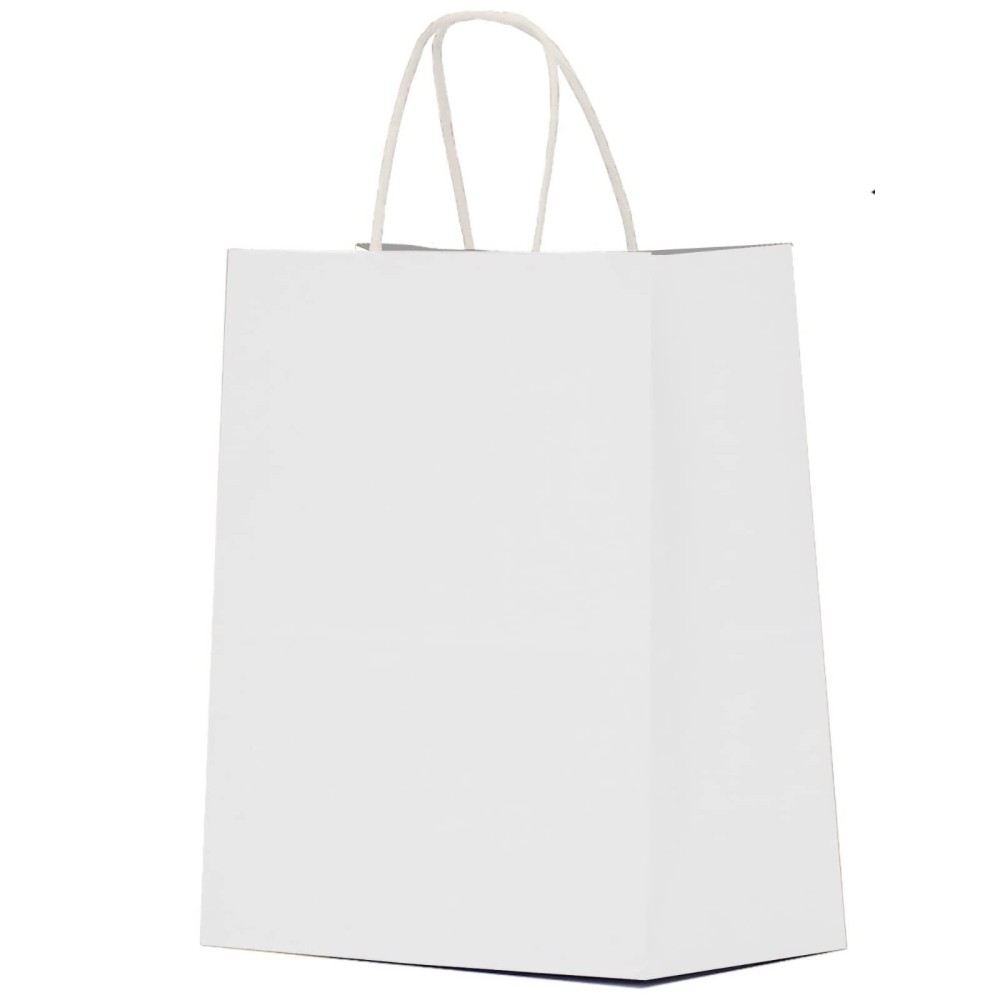 Qutuus 10x5x13 White Paper Gift Bags with Handles Bulk 100Pcs Kraft Paper Shopping Bags, Recyclable Paper Sacks, White Gift Bags for Retail, Merchandise, Business, Gifts