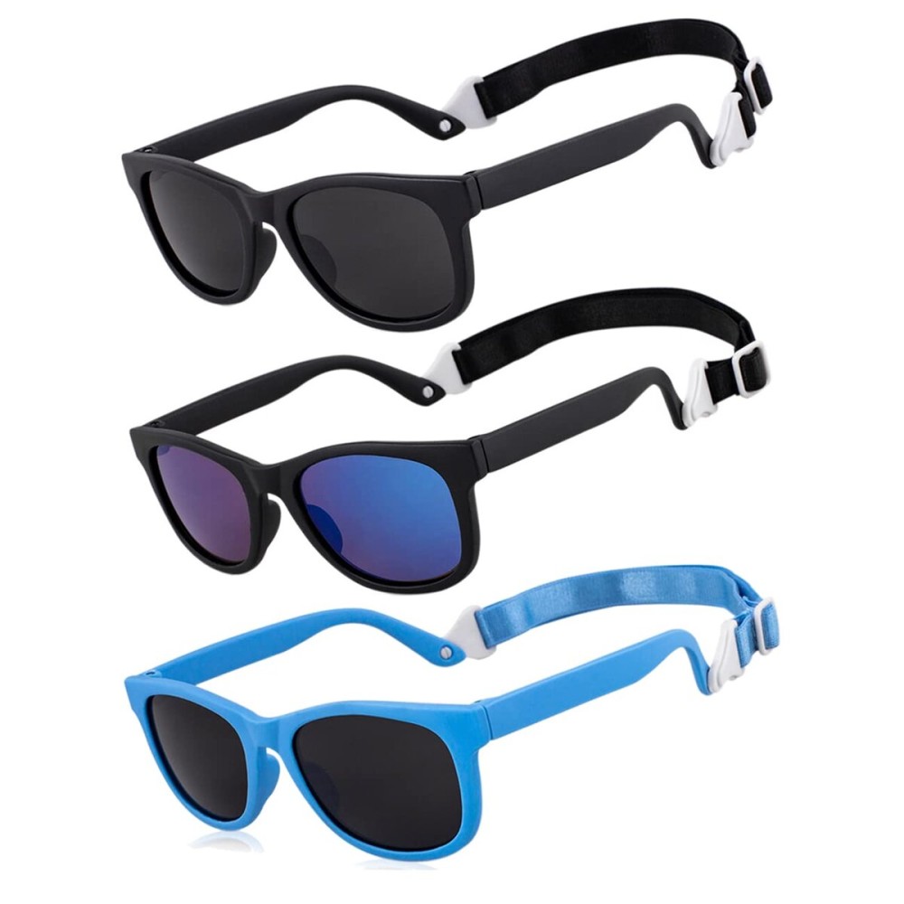 MAXJULI Polarized Baby Infant Sunglasses Safe, Soft, With Adjustable Strap 0-24 Months BPA Free 3 Pack (Black+Blue+Grey)
