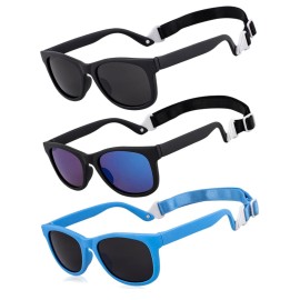MAXJULI Polarized Baby Infant Sunglasses Safe, Soft, With Adjustable Strap 0-24 Months BPA Free 3 Pack (Black+Blue+Grey)