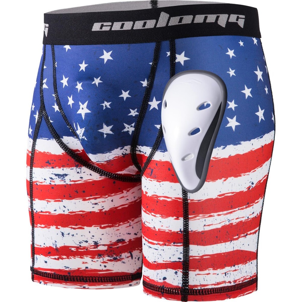COOLOMG Men Compression Shorts with Cup Athletic Protective Underwear for Baseball Football Lacrosse MMA Hockey, US Flag XL
