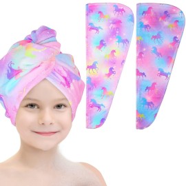 Basumee Microfiber Hair Towel Wrap for Kids 2 Pack Rapid Drying Hair Towel with Button Hair Turbans for Wet Hair Wraps Head Towel Wrap for Women and Girls, Colorful Unicorn