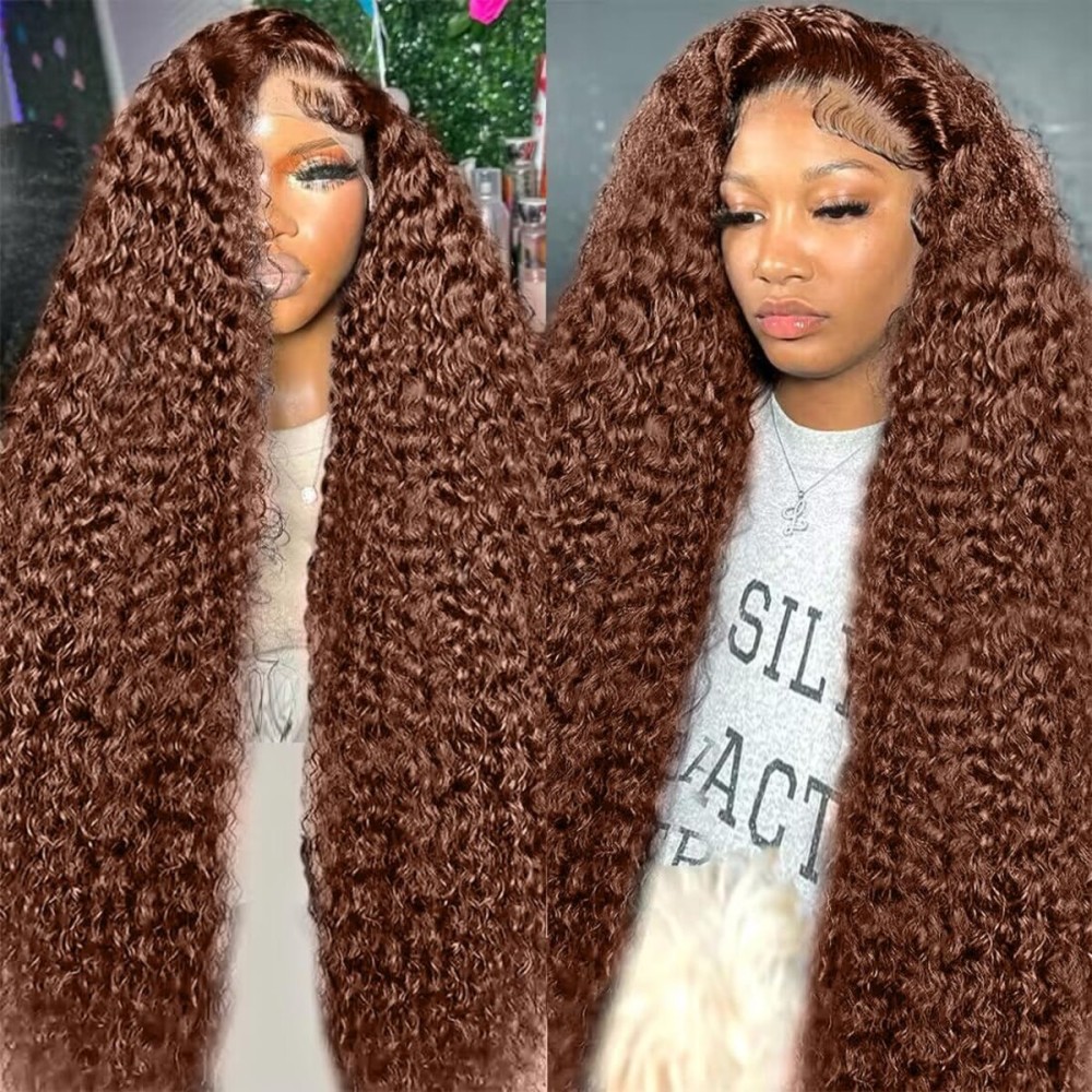 250% Density Mongolian Curly Lace Front Wigs Human Hair 13x6 Auburn Brown HD Transparent Lace Front Wigs Human Hair for Women With Baby Hair Chocolate Deep Curly Lace Frontal Wig