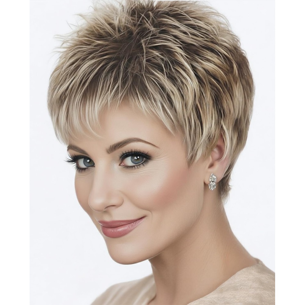 SEVENCOLORS Short Pixie Cut Wigs for White Women Mixed Blonde Short Wigs with Brown Roots Synthetic Natural Hair Wigs for Women
