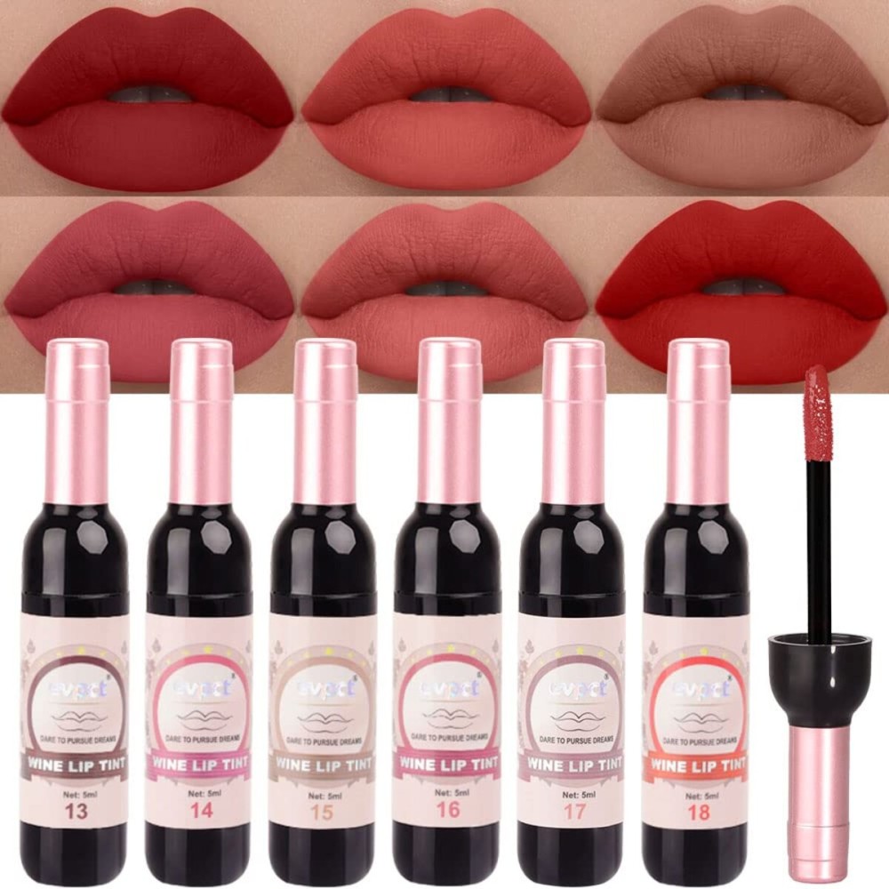 evpct 6Pcs Wine Bottle Lip Tint Stain 6 Colors Waterproof Red Matte All Day Liquid Lipstick Lip Gloss Sets for Women Magic Lipstick 24 Hours Original labiales magicos 24 horas originales Peel off 03
