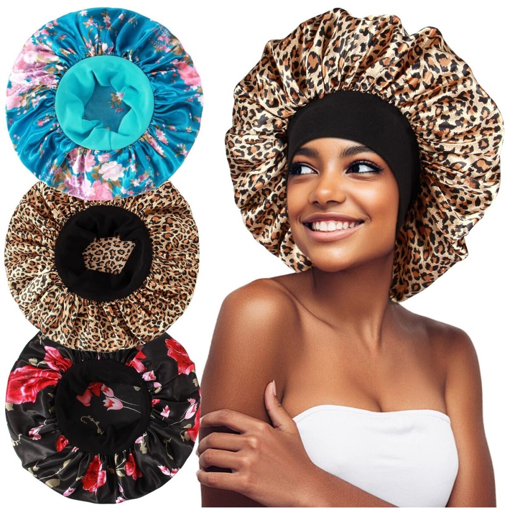 3PCS Extra Large Satin Bonnets for Sleeping, Hair Bonnets for Black Women Braids Curly Hair, D