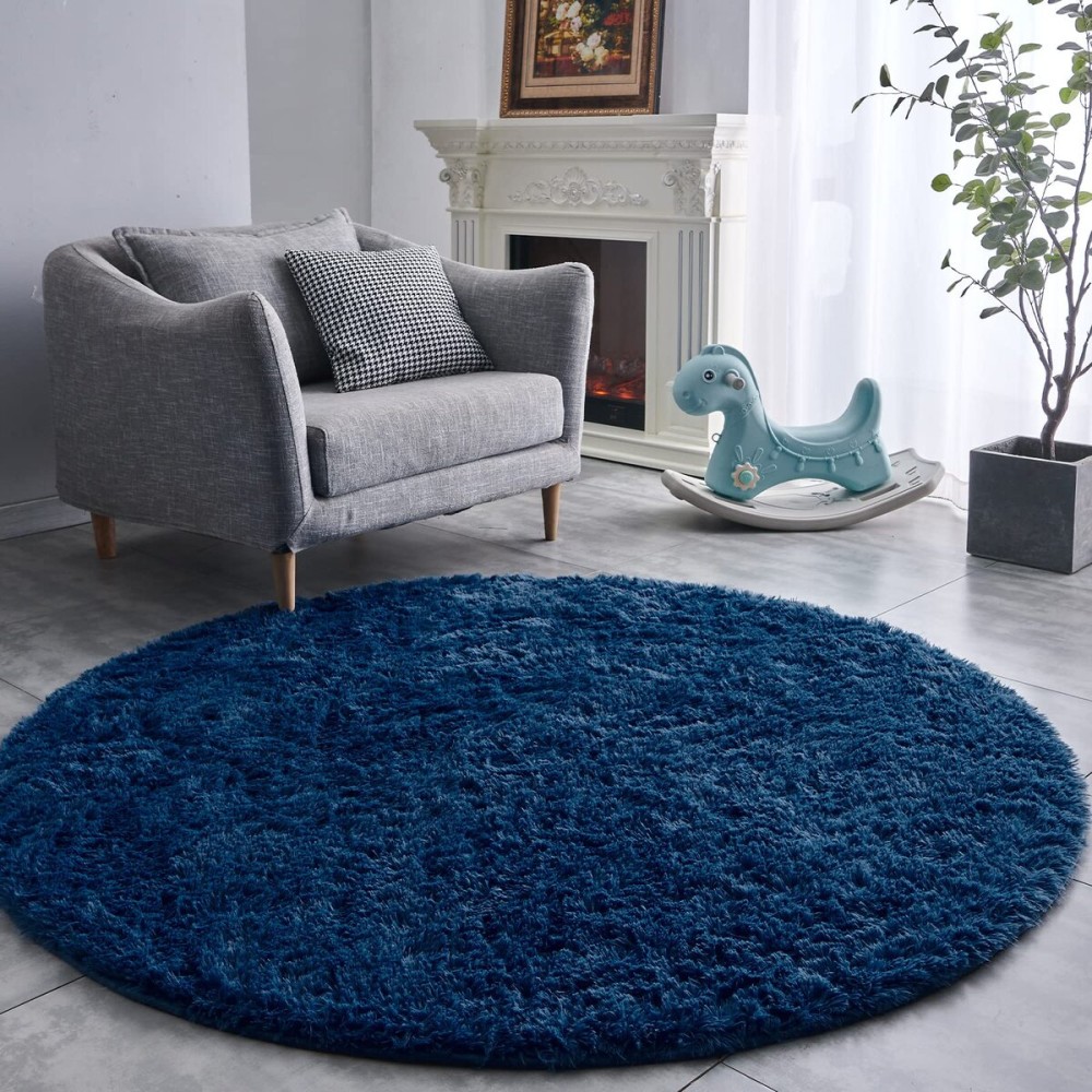 FJZFING Navy Blue Round Rug Ultra-Soft Plush Modern 5x5 Circle Area Rug for Kid\'s Bedroom, Fluffy Shag Circular Rug for Nursery Room, Non-Slip Home Decor Cute Navy Blue Carpet for Teen\'s Room