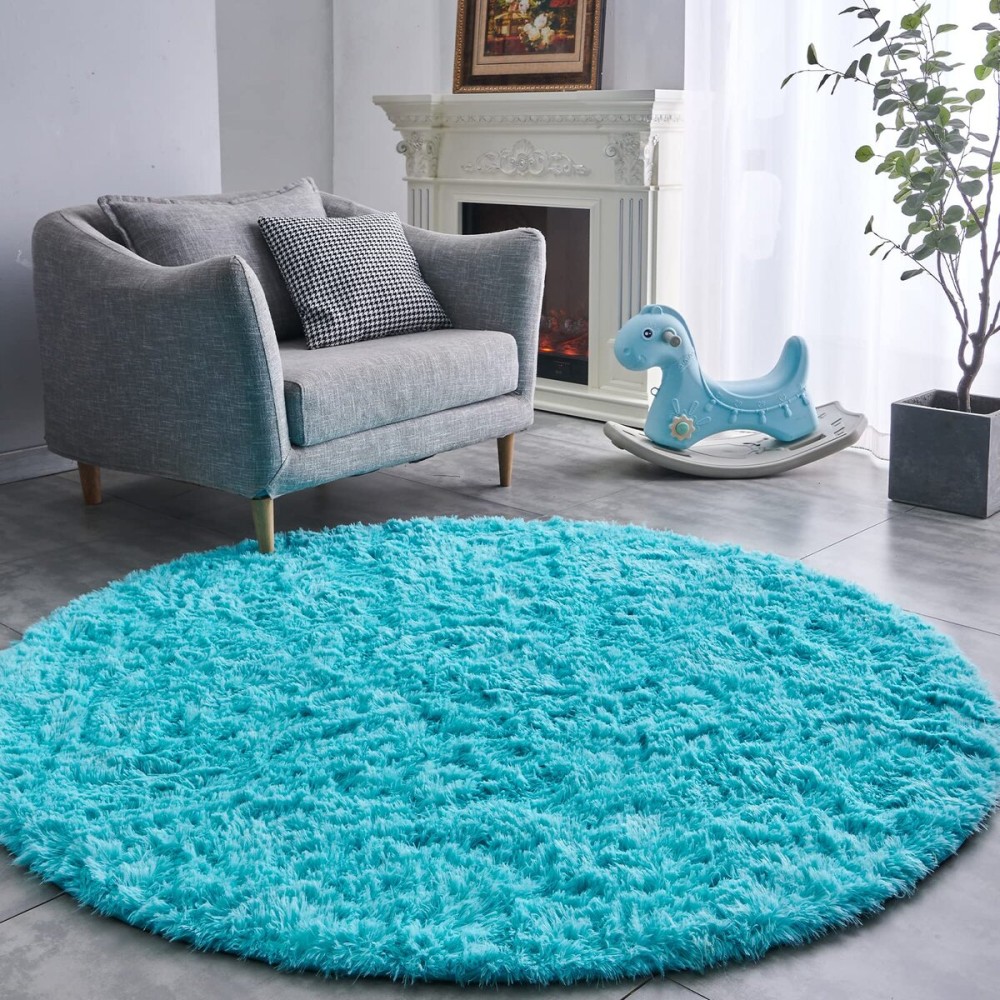 FJZFING Blue Round Rug Ultra-Soft Plush Modern 4x4 Circle Area Rug for Kid\'s Bedroom, Fluffy Shag Circular Rug for Nursery Room, Non-Slip Home Decor Cute Blue Carpet for Teen\'s Room