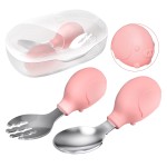 Deejoy Toddler Utensils - Stainless Steel Spoons and Forks, Kids Silverware Set with Travel Case (Pink)