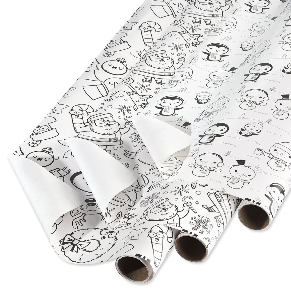 American Greetings Kids Coloring Activity Christmas Wrapping Paper Rolls, Interactive Customizable Holiday Gift Wrap (105 sq. ft., 3 Rolls-40 in. x 12 ft., Cut Lines) Penguins, Santa, Silly Faces